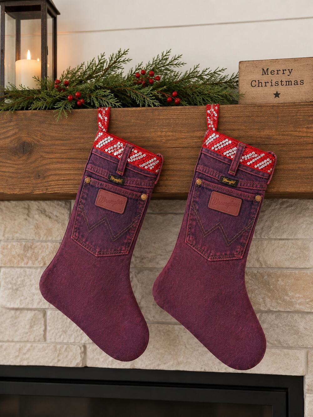 Wrangler Jeans Cowgirl Christmas Stockings Pair Handmade Western Rodeo Denim